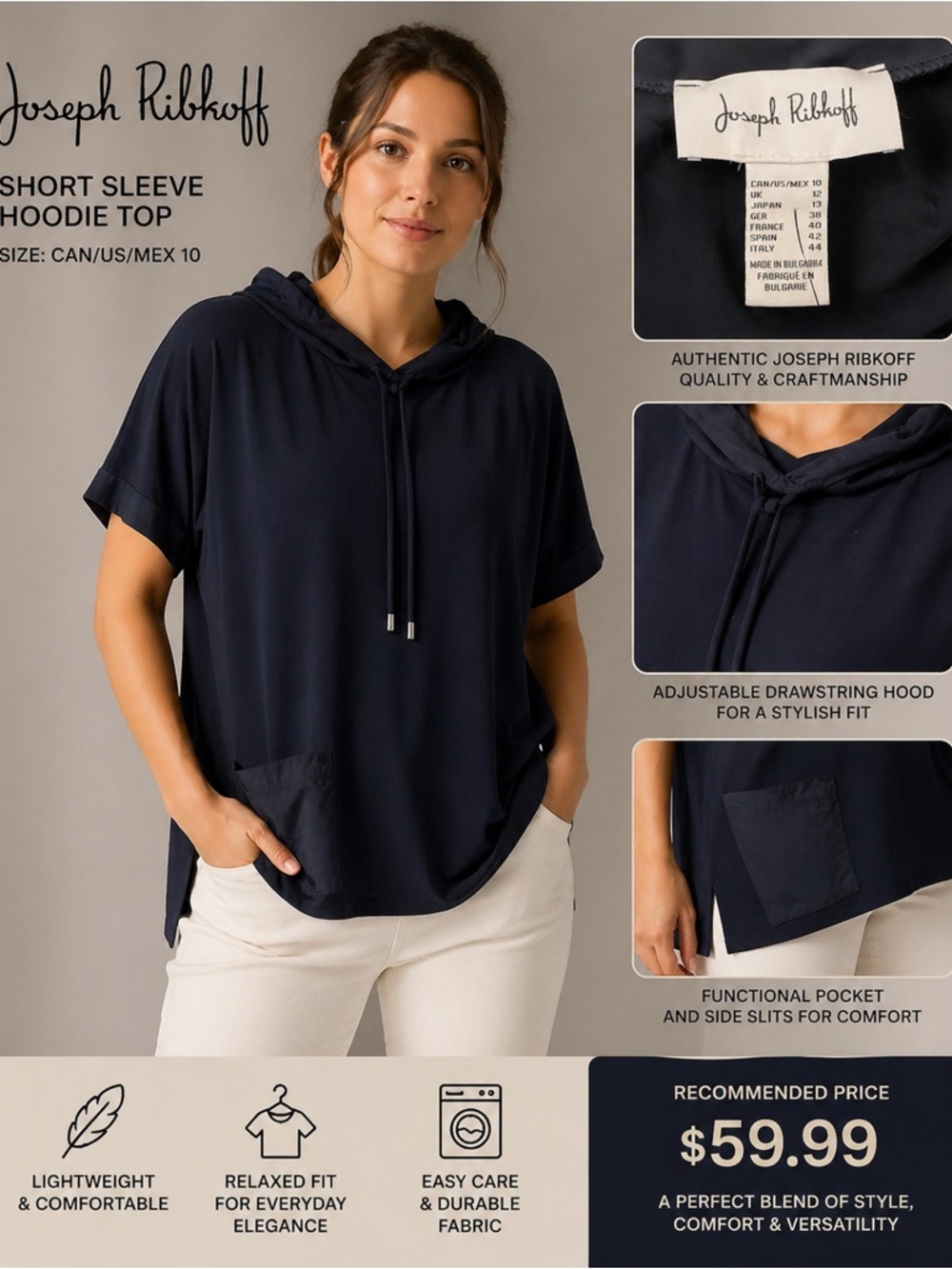Joseph Ribkoff Women's Navy Short Sleeve Hooded Top size 10